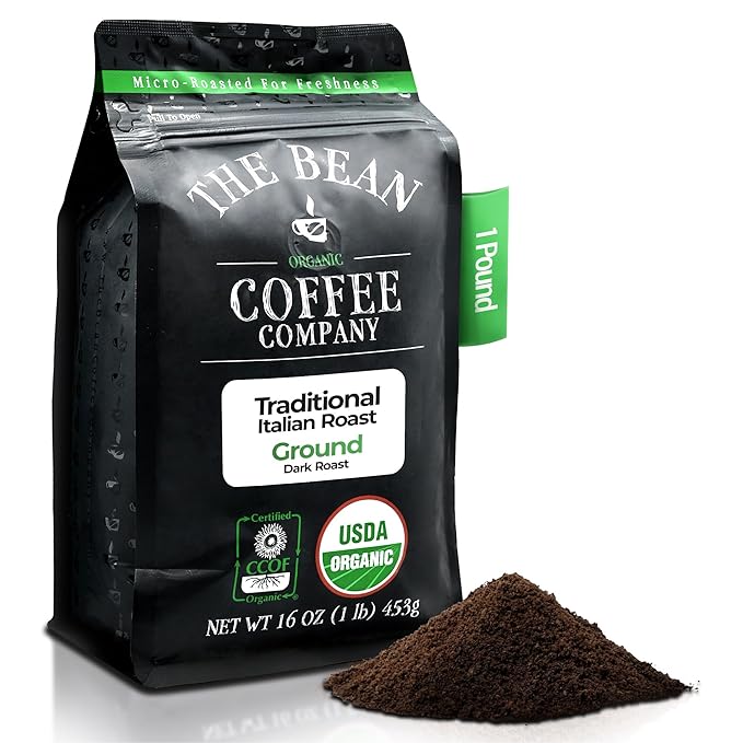 The Bean Organic Coffee Company Il Chicco (Traditional Italian Roast), Dark Roast, Ground Coffee, 16-Ounce Bag,Café molido tostado organico