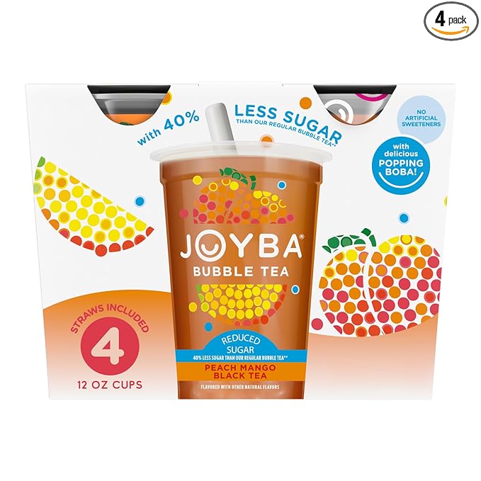 Joyba Reduced Sugar Peach Mango Black Tea Bubble Tea, 4 Pack, 12 fl. oz. Cups