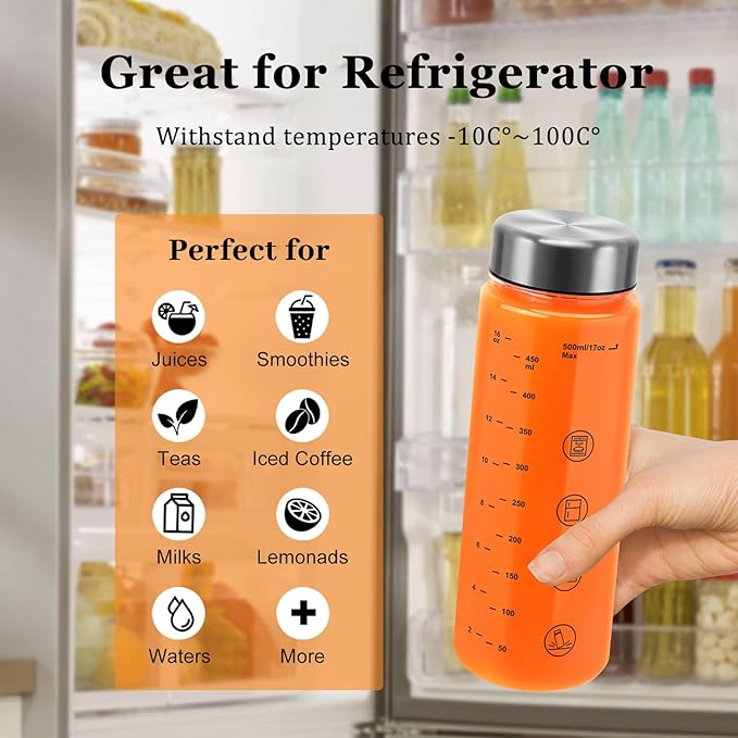 4 Pack Juice Bottles with Caps - Wide Mouth Resuable Clear Plastic Water Bottles for Juicing,Smoothie,Protein, Beverage,Storage Containers,BPA Free,Leakproof Stainless Steel Lid(16 Ounces)
