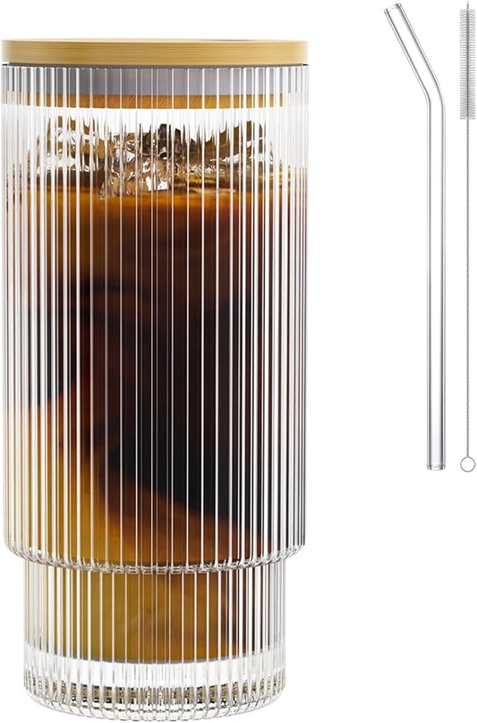 16OZ Ribbed Glass Cups with Lids and Straws,Iced Coffee Cups with Lid,Vintage Glassware for Whiskey Cocktail Beer Fruit Juice Glasses Tumbler(1Pack)