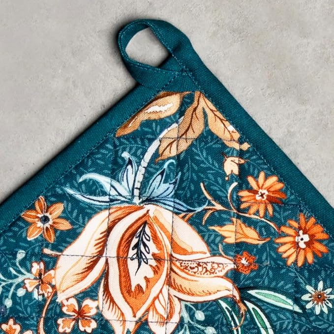 Maison d' Hermine Pot Holders Set 100% Cotton Heat Resistant Potholders 8" x 8" Hot Pads with Loop BBQ, Cooking, Baking, Grilling, Kitchen, Handling Hot Pans (Pack of 2, Luxury Loft-Dark Teal)