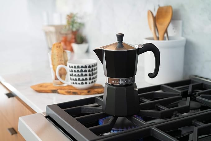 Bellemain Stovetop Espresso Maker | Italian Moka Pot Espresso Maker, Classic Aluminum Design Mocha Pot for Home Brewing & Camping | Easy to Use & Clean - 3-Cup, Black