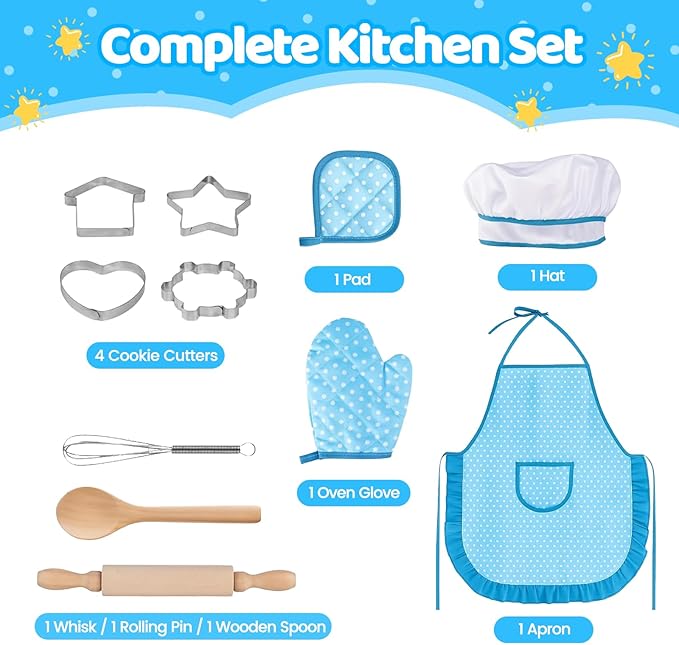 11 PCS Kids Chef Costume Set, Cooking & Baking Toys for Toddlers 3-8 with Adjustable Apron, Pretend Play Gift for Boys & Girls Birthday Xmas（Blue）