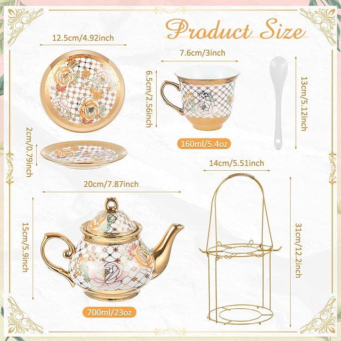 Zhehao 20 Pcs Porcelain Tea Set with Metal Holder and Spoon Adult Ceramic Tea Party Set European Flower Painting Teapot Cup Saucer Spoon Set for Women, Large Version(Delicate Style)