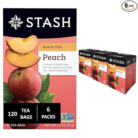 Stash Tea Peach Black Tea, 6 Boxes With 20 Tea Bags Each (120 Tea Bags Total)