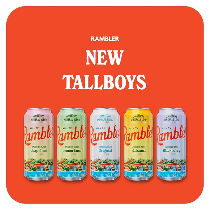 AUTX RAMBLER Sparkling Water, Texas Limestone Mineral Blend, Lemon-Lime Flavor, 16-Ounce Tallboy Cans, 12-Pack