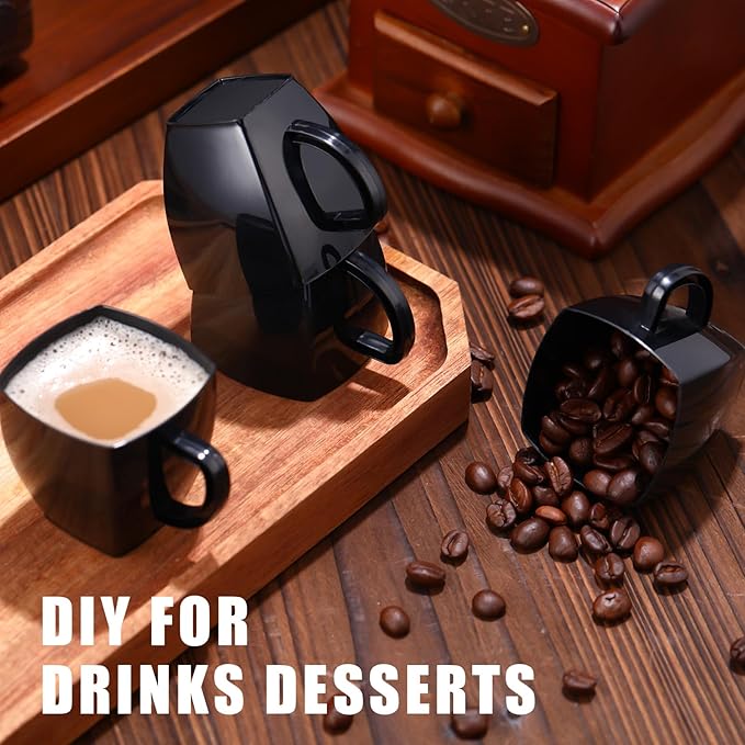 Amyhill 100 Pcs Disposable Tea Cups Mini Plastic Tea Cup Bulk with Handle Hard Plastic Coffee Mug Disposable Square Espresso Mug for Party Catering (Black)