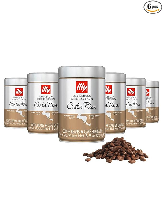 Illy Whole Bean Coffee, Costa Rica Medium Roast - Notes of Caramel, Chocolate, and Vanilla - 100% Arabica - Whole Beans - Pressurized Packaging Sealed for Freshness - 8.8oz can (Pack of 6)