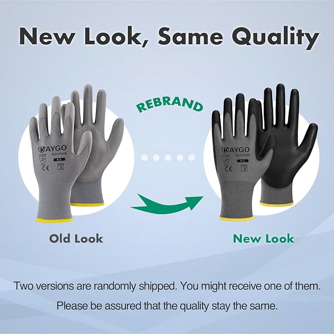 KAYGO Safety Work Gloves PU Coated-12 Pairs KG11PB Seamless Knit Glove with Polyurethane Coated Smooth Grip on Palm & Fingers for Men and Women, Gray,Large