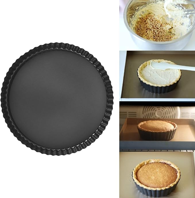 Fluted Tart Pan with Removable Bottom, Carbon Steel Round Tart Pan, Deep Baking Dish Pie Plate for Cakes Pies ([Thickened] 10-inch live bottom pie plate)