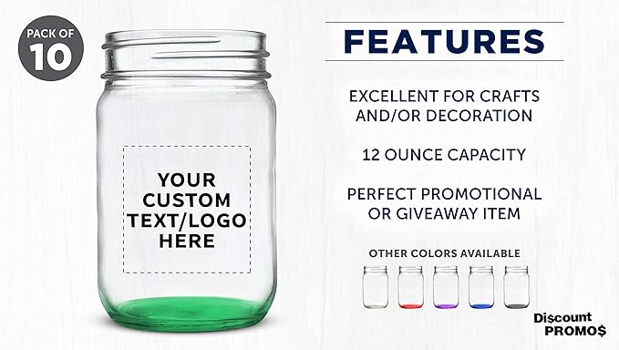 DISCOUNT PROMOS Custom Decorating Mason Jars 12 oz. Set of 10, Personalized Bulk Pack - Glass Jars for Overnight Oats, Candies, Fruits, Pickles, Spices, Beverages - Green