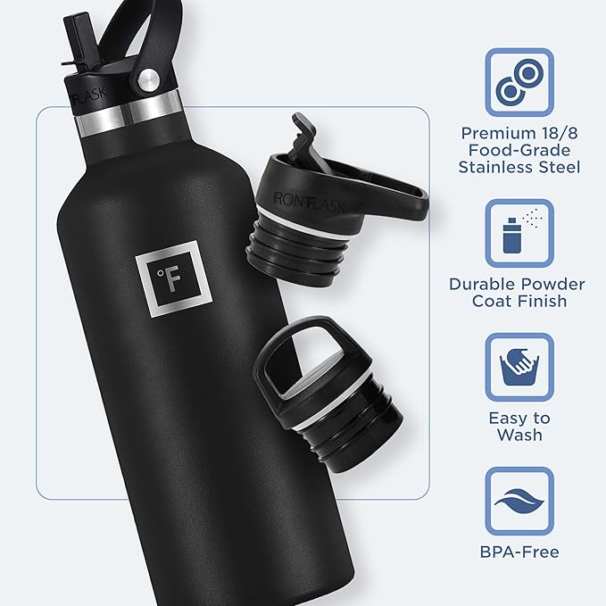 IRON °FLASK Camping & Hiking Hydration Canteens - 3 Lids (Narrow Straw Lid) Leak Proof Vacuum Insulated Stainless Steel - Hot & Cold Double Walled Sports Water Bottle - Morning Mist, 32 Oz