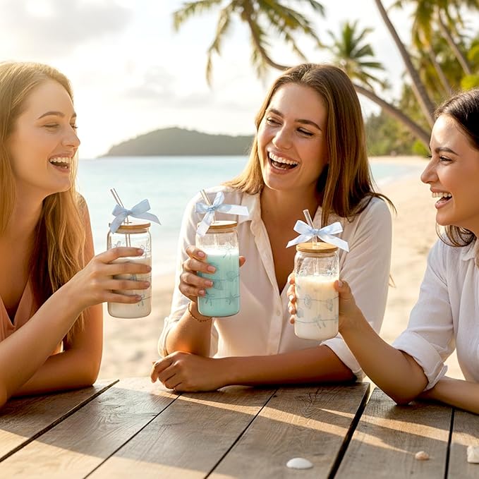 Ocean Animals Glass Cup with Lid and Straw, 16oz Iced Coffee Cup Tumbler Beach Gifts for Women Girls Conch Anniversary Birthday Mom Wife Sister Friends Colleagues