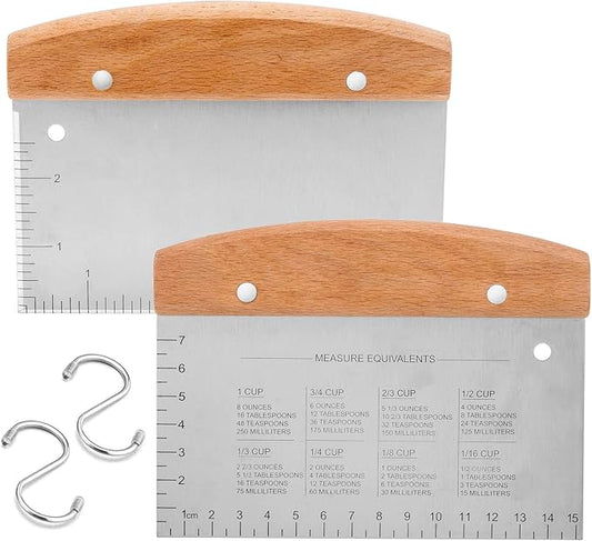 Bench Scraper Set of 2, HaSteeL Metal Dough Scraper Cutter Pastry Chopper with Wooden Handle, Heavy Duty Stainless Steel Griddle Scraper with Measuring Marks for Cooking Baking Grilling