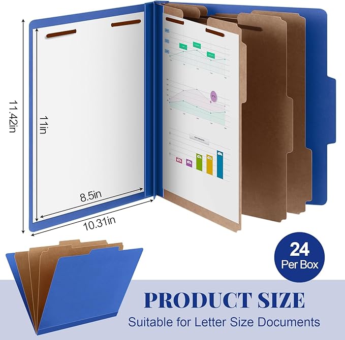 24 Pcs Classification Folders Letter Size, Back to School Supply for Teacher, Student, 3 Dividers Pressboard File Folder Bulk with 2 Fasteners, 3.5 Inch Expanding File Organizer (Dark Blue)