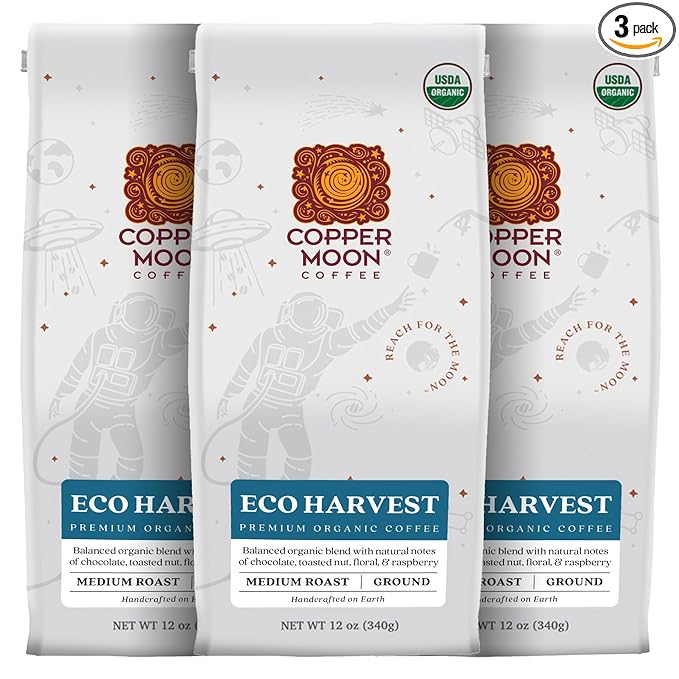 Copper Moon Ground Coffee, Organic Eco Harvest Blend, Medium Roast, 3 Bags (12 oz. Each)
