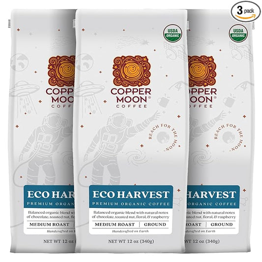 Copper Moon Ground Coffee, Organic Eco Harvest Blend, Medium Roast, 3 Bags (12 oz. Each)