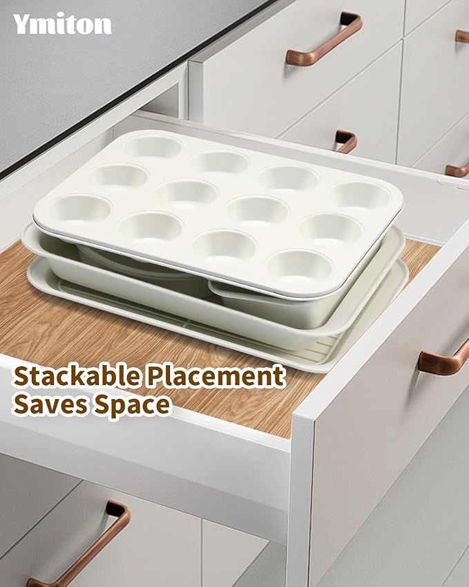 Nonstick Baking Pans Set, 19 PCS Stackable Bakeware Sets, Oven Pan Set Includes Baking Tray, Cookie Sheet, Cake Pans, Loaf Pan, Muffin Pan, Silicone Cups