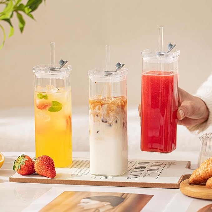 12 Sets Square Drinking Glass Cups with Lids & Straws, 17 Oz Clear Highball Glasses for Cocktail, Iced Coffee, Juice, Beer - Modern Glass Tumblers