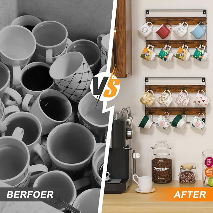 Mug Racks for Wall, Coffee Mug Holder Wall Mount Up to Hold 24 Mugs, Coffee Mug Rack Wall Mounted（3Pack） for Kitchen, Home, Coffee Bar, Rustic Wood and Iron