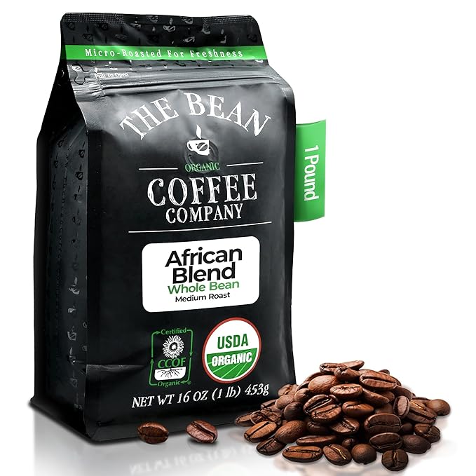 The Bean Organic Coffee Company African Blend, Medium Roast, Whole Bean Coffee, 16-Ounce Bag
