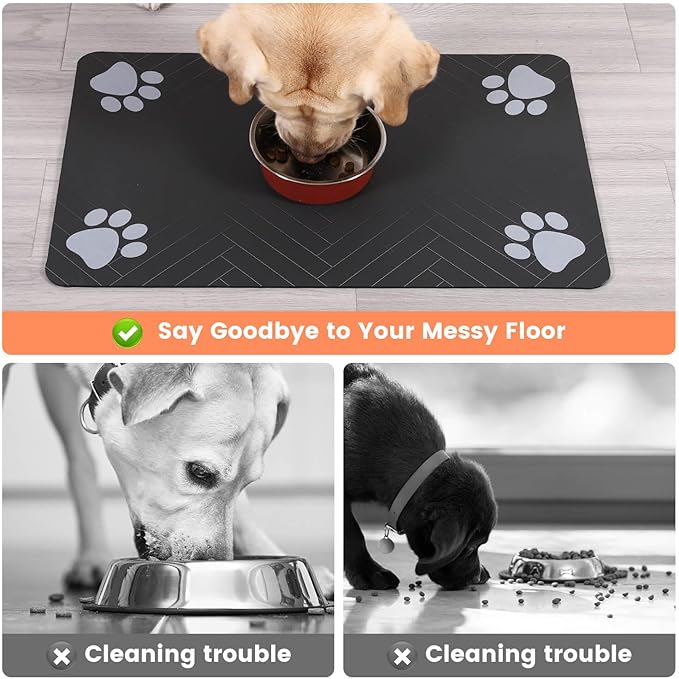 Pet Feeding Mat-Absorbent Pet Placemat for Food and Water Bowl, with Waterproof Rubber Backing, Quick Dry Water Dispenser Mat for Dog and Cat (12"x20", Striped Dark Gray)