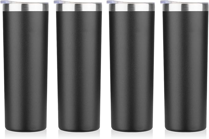 HASLE OUTFITTERS 20 oz Skinny Tumblers Bulk Set, Stainless Steel Insulated Slim Tumblers with Lids, Reusable Double Wall Travel Coffee Mugs, Durable Powder Coated Travel Water Cups(Black, 4)