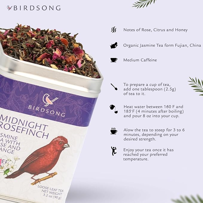 Birdsong Midnight Rosefinch: Organic Jasmine Green Tea with Rose and Orange, Light, Refreshing, Soothin Natural Tea with Citrus and Honey Notes, Medium Caffeine, 15 Pyramid Tea Sachets