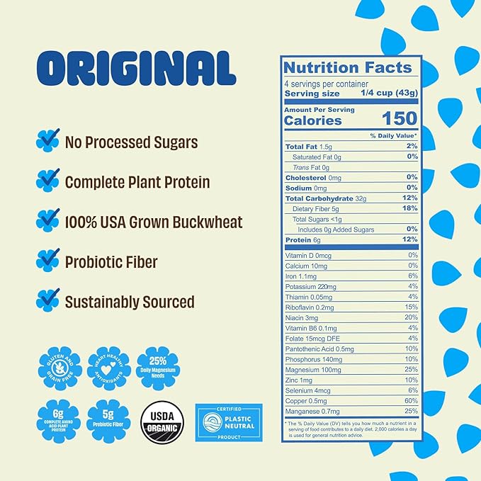 Lil Bucks Sprouted Regeneratively Grown Buckwheat Seeds– Paleo Cereal, Gluten-Free Granola, High in Protein, Low Sugar, Organic Superseed Crunch (ORIGINAL, 6 Pack)