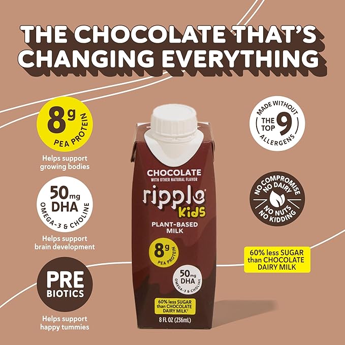 Ripple Kids Chocolate Plant Based Milk | Pediatrician Reccommended | 8g Pea Protein | Shelf Stable | Vegan & Non GMO Certififed | Dairy, Soy, Nut, Gluten, and Lactose Free | 8 Fl Oz (Pack of 12)