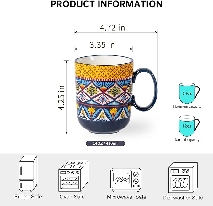 HENXFEN LEAD Coffee Mugs Set 14 Ounce - Multicolor Porcelain Cups for Latte, Hot Tea, Cappuccino, Cocoa, Soup, Dishwasher, Microwave Safe, Christmas Gift Set of 6 - Bohemian Style