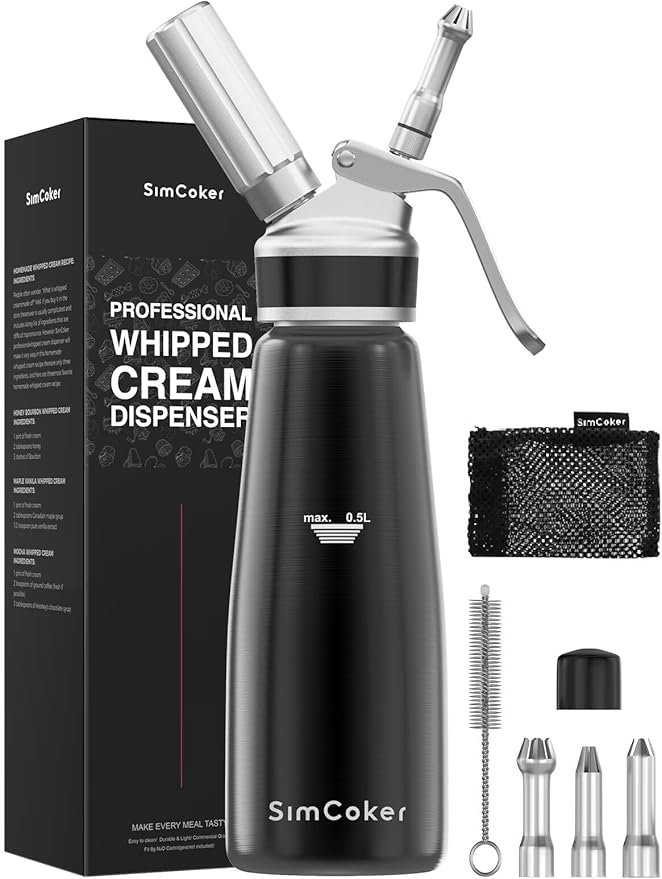 Professional Aluminum Whipped Cream Dispenser – 500 mL / 1 Pint, Includes 3 Decorating Nozzles, Cleaning Brush & Storage Bag – Ideal for Desserts, Coffee & Pastries (N₂O Chargers Not Included)