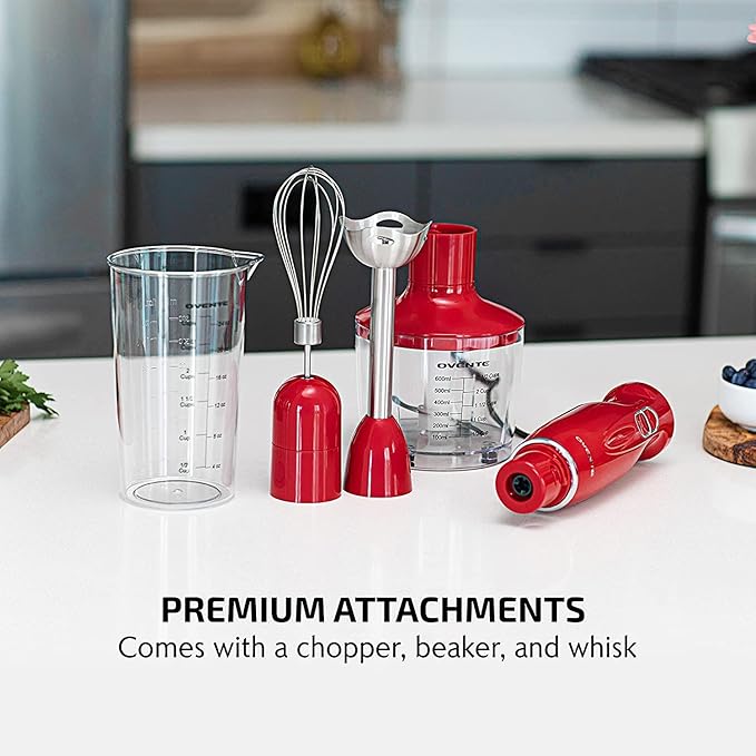 OVENTE Immersion Hand Blender, 300W Electric Handheld Portable Stick Mixer Set with 2 Mixing Speed, Stainless Steel Blades, Egg Whisk Attachment, Mixing Beaker and BPA-Free Food Chopper, Red HS565R
