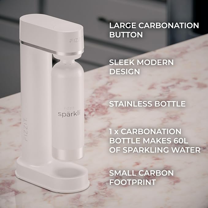 White Stainless Steel Sparkling Water Maker Soda Maker Includes 1 x CO2 Cylinder & 1L White Stainless Steel Bottle