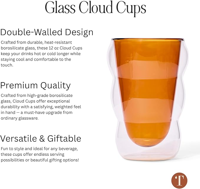 Glass Cloud cups 12 oz Double Wall Insulated Glass Cups - heat-resistant borosilicate glass -perfect for iced teas, lattes, and all your favorite sips (Amber)
