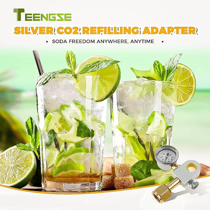 CO2 Refilling Adapter with Pressure Gauge, TEENGSE Silver Soda Exchange Carbonator Refill Quick Adapter Compatible with DUO Terra Art Soda Machine