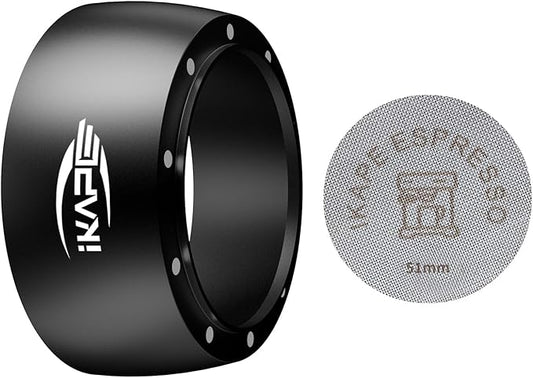 IKAPE Magnetic Dosing Funnel Set, 51MM Espresso Dosing Ring & Puck Screen Kit Compatible with Delonghi 51MM Bottomless Portafilter - with 8 Small Magnet (Black)