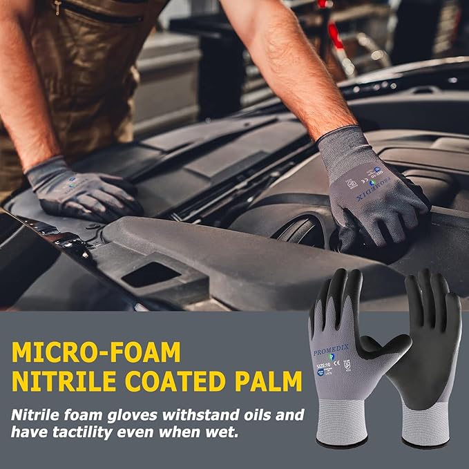 PROMEDIX P Nitrile Coated Work Gloves,MicroFoam Safety Work Gloves Men,Seamless Knit Nylon&spandex Gloves with Grip