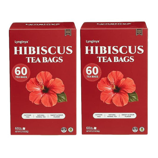 Lynginya Hibiscus Tea Bags, 60 Tea Bags (Pack of 2) - Premium Hibiscus Flower - Natural Herbal Tea - Sweet & Tart - No Sugar & No Caffeine - Total 120 Bags