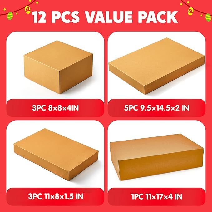 JOYIN 12PCS Christmas Brown Gift Boxes with Lids for Presents, 4" Deep Large Shirt Robe Wrapping Box, 4 Different Sizes Holiday Festive Lingerie Cupcake DIY Kraft Cardboard Boxes