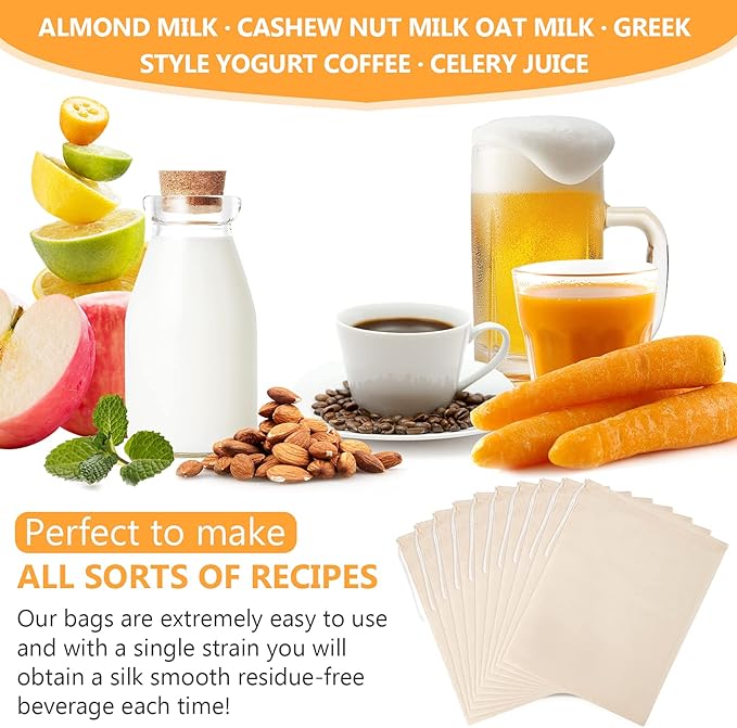 10 Pack Nut Milk Bag, 12‘’ x 14‘’ Fine Mesh Grade Reusable Cheesecloth Bags Strainers, Unbleached Organic Cotton Filter Bags for Almond Milk, Juices, ColdBrew, Cheese, Tea, Yogurt, Coffee