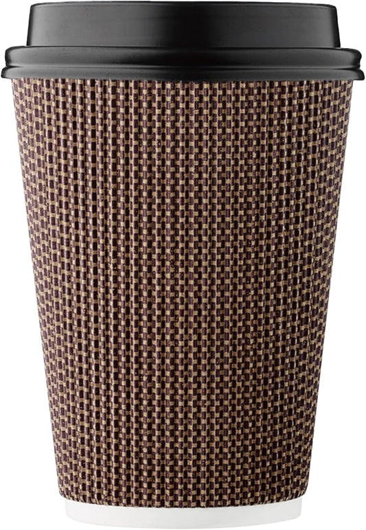 [100 SET]Harvest Pack 12 oz Disposable Coffee Cups, Insulated Ripple Double-Walled Paper Cups with Lids, Brown Geometric, Leak-Proof Drinking Cups for Tea Hot Chocolate Drinks To go coffee cups
