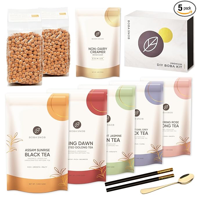 Boba Snob Boba Tea Making Kit, Bubble Tea Kit with Boba Gift Set, Boba Tea Maker Kit with Premium Loose Leaf Teas, Tumbler, Two Stainless Steel Boba Straws, Teaspoon, and Tapioca Boba Pearls (Large)