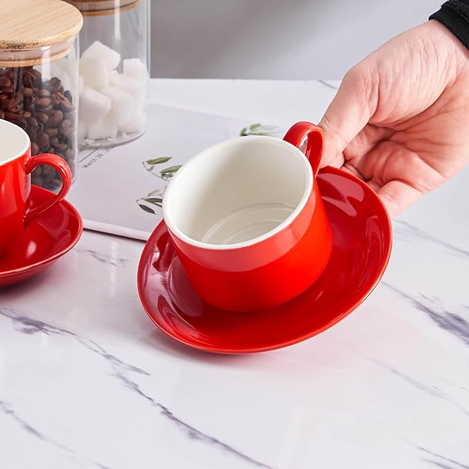 YOLIFE 8oz Porcelain Stackable Cappuccino Cups with Saucers and Metal Stand Set of 4, Coffee cups for Espresso, Specialty Coffee Drinks, Latte, Americano and Tea - Red