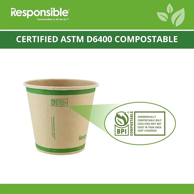 8 oz Paper Hot Cups (Squat), Tree-Less™ Compostable Paper Coffee Cups, Extra Strength, Tree-Free and Made Without PFAS, Natural Brown (1000 Count)