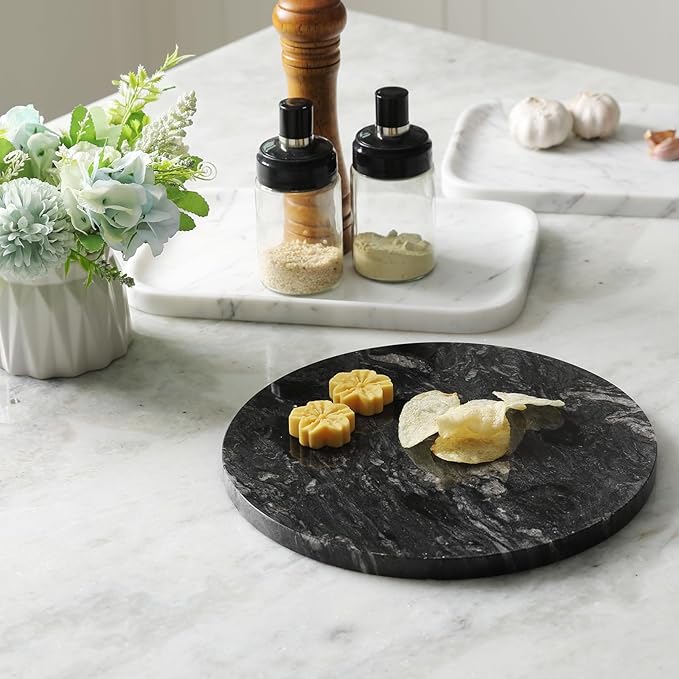 Koville Brazilian Natural Marble Cutting Board for Kitchen, 11" Round Hand Crafted Marble Slab for Cheese, Charcuterie, Pastry Board - Wedding Gift, House Warming Gift(Blue Fantasy)