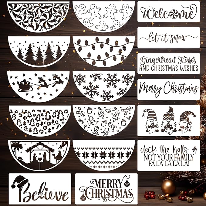 Christmas Stencils for Painting on Wood 12” Christmas Stencils for Crafts Reusable Holiday Doormat Stencil for Porch Hanger Fabrics Decor(Xmas Half RD Stencil 05/18P)