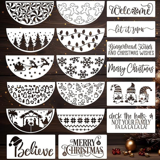 Christmas Stencils for Painting on Wood 12” Christmas Stencils for Crafts Reusable Holiday Doormat Stencil for Porch Hanger Fabrics Decor(Xmas Half RD Stencil 05/18P)