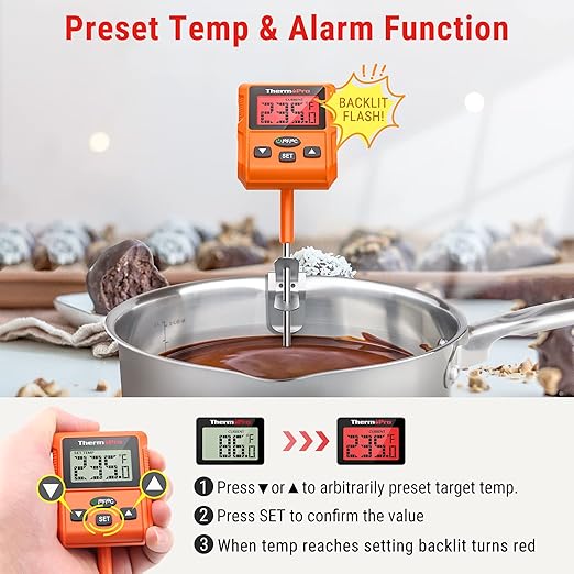 ThermoPro TP511 Digital Candy Thermometer with Pot Clip, Programmable Instant Read Food Meat Thermometer with 10'' Long Probe for Smoker Baking Grilling Candle Liquid Oil Deep Fry Thermometer