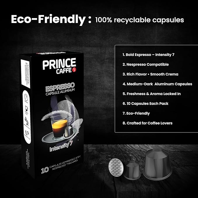 Prince Caffe Espresso Pods – Intensity 7, Medium-Dark Roast, The Espresso Coffee Pods Are Compatible with Nespresso Original Line Machines, 30 Count (3 x 10 Capsules) Premium Quality Coffee Capsules.